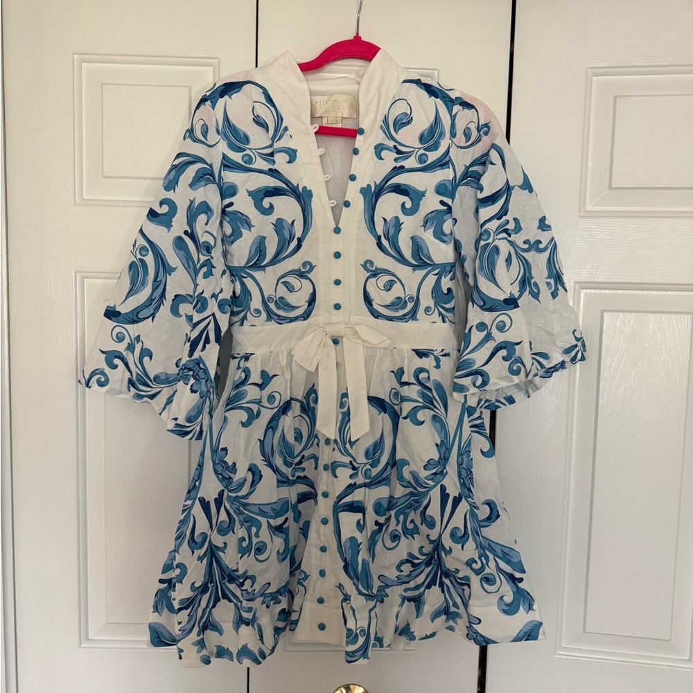 White and Blue Embroidered Dress